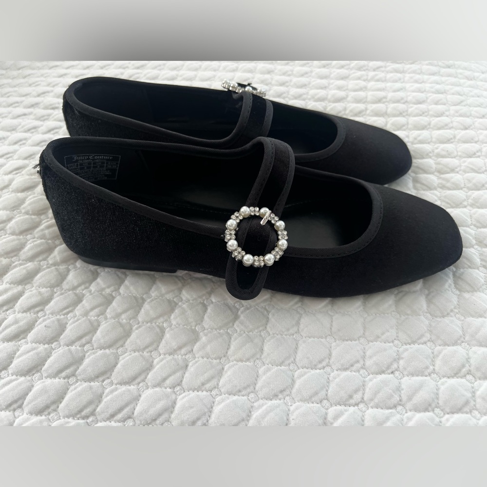 JC Velvet Black Mary Jane Ballerina Flats Crystal Buckle Stuart Weitzman Style